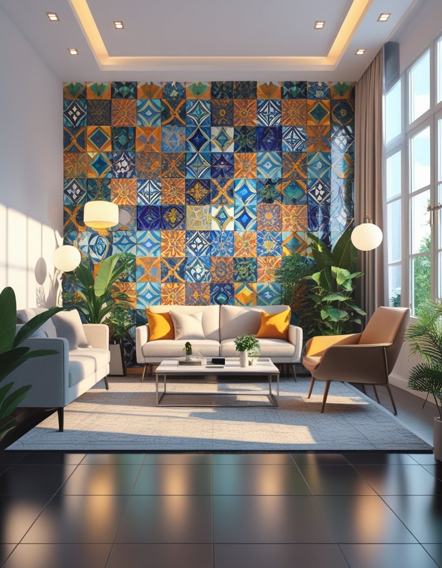 A modern living room with a large accent wall covered in colorful geometric tiles, featuring contemporary furniture and natural sunlight.
