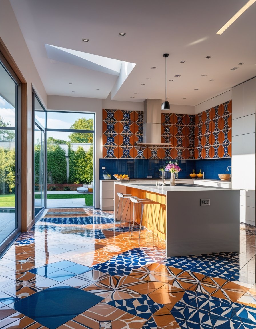 A modern kitchen with large windows, featuring bold geometric patterned tiles on the backsplash and floor, surrounded by minimalist cabinetry and a kitchen island.