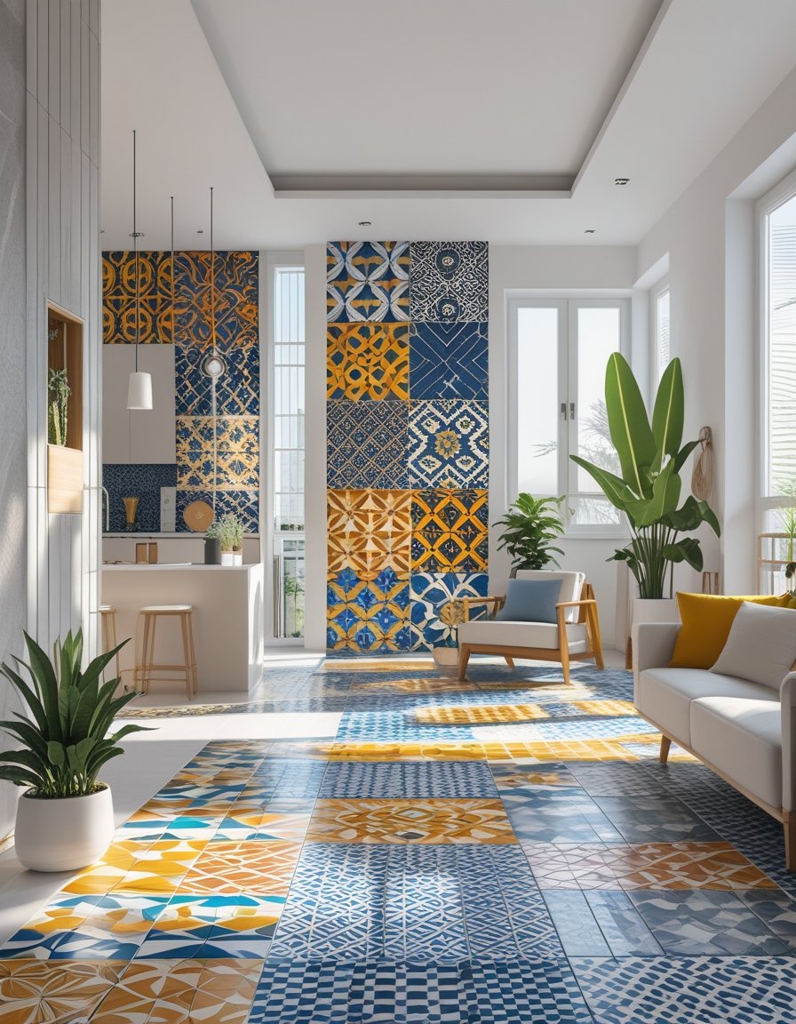 A modern living room and kitchen area featuring colorful and patterned tiles on walls and floors with natural light and minimalist furniture.