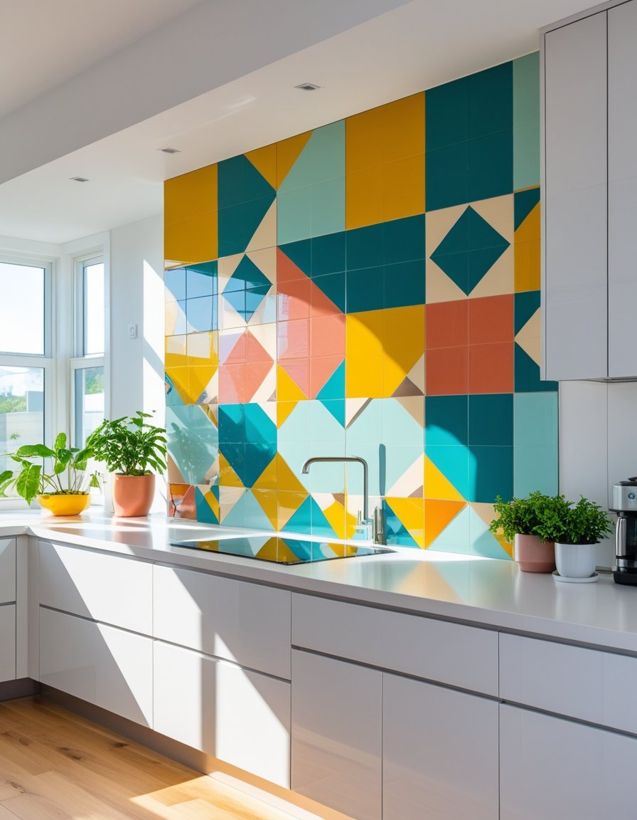 Modern kitchen with colorful geometric tiles on the backsplash, white countertops, plants, and stainless steel appliances.