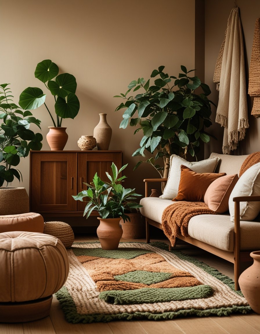 A cozy living room with wooden furniture, warm cushions, woven rugs, potted plants, and earthy color tones creating an inviting atmosphere.