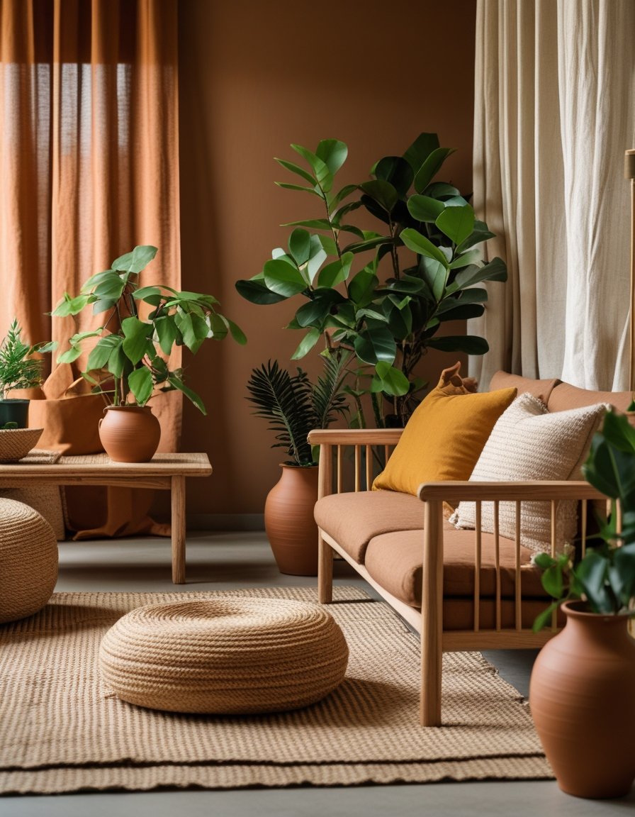 A cozy living room with wooden furniture, woven rugs, cushions, potted plants, and soft natural light.