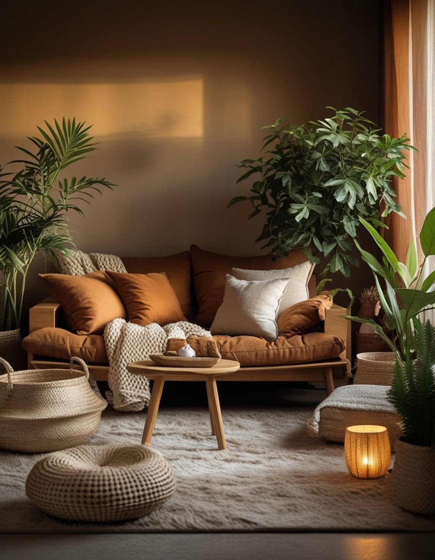 A cozy living room with warm earthy colors, wooden furniture, plants, and soft lighting.