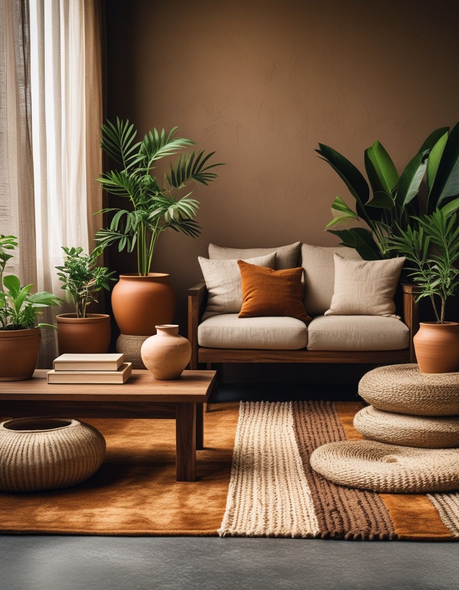 A cozy living room with wooden furniture, terracotta pots with plants, soft cushions, and warm earthy colors creating a comfortable atmosphere.