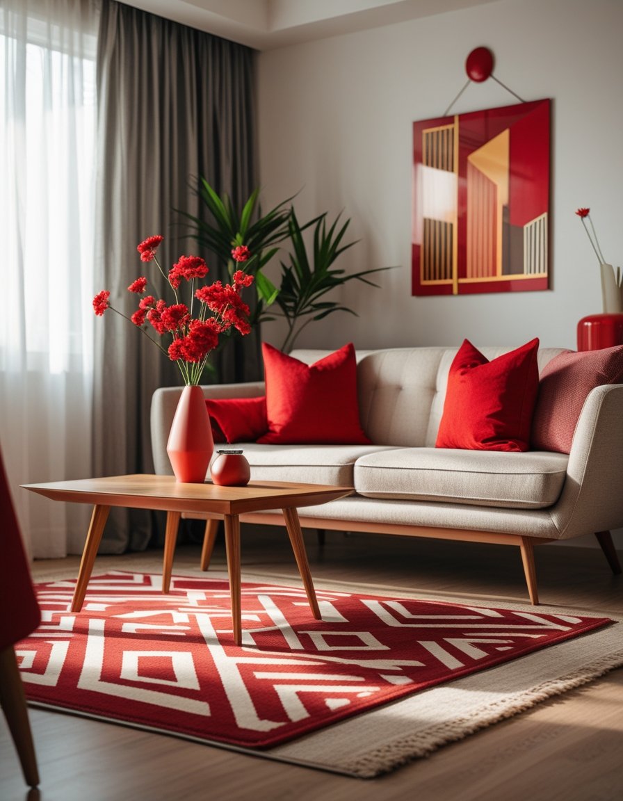 Living room with neutral furniture and cherry red accents including pillows, rug, flowers, and wall art.