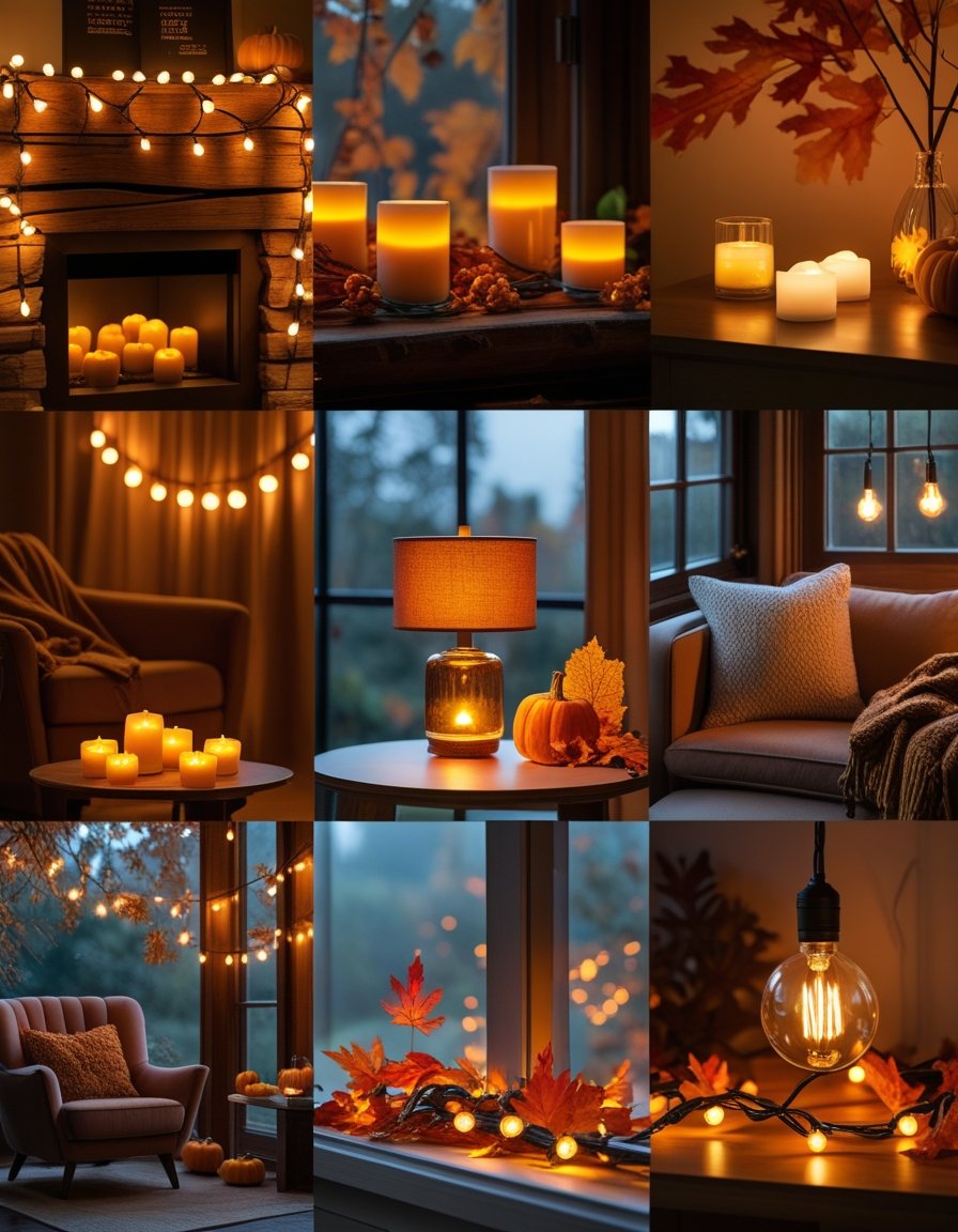 A cozy indoor room with seven different warm fall lighting sources including string lights, candles, lamps, lanterns, and fairy lights surrounded by autumn decorations.