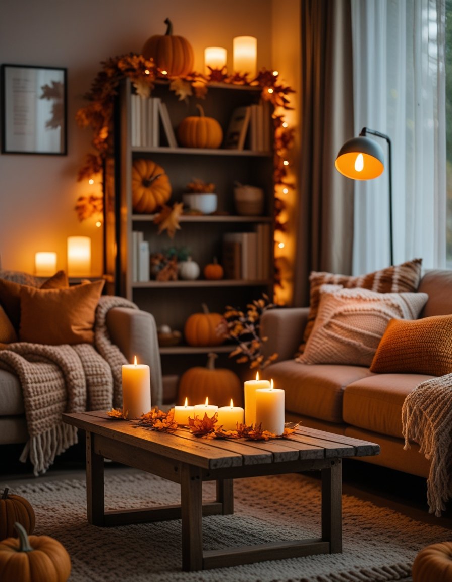A cozy living room with warm autumn decorations and multiple soft light sources creating a comfortable fall ambiance.