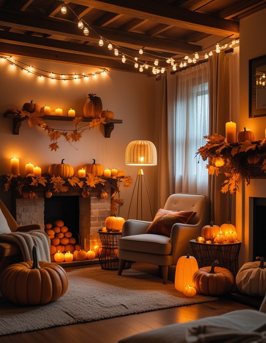 A cozy indoor room decorated with seven different warm lighting sources and autumn decorations including pumpkins and leaves.