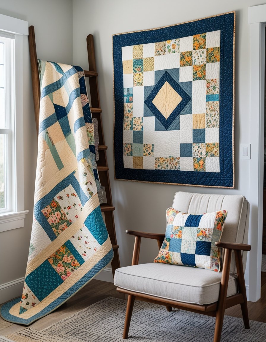 A cozy living room displaying three vintage quilts used as decor: one draped on a wooden ladder, one hanging on the wall, and one as a pillow on a chair.