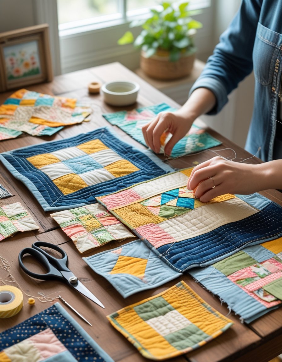 Hands working on vintage quilt pieces at a wooden table with sewing tools and natural light in the background.