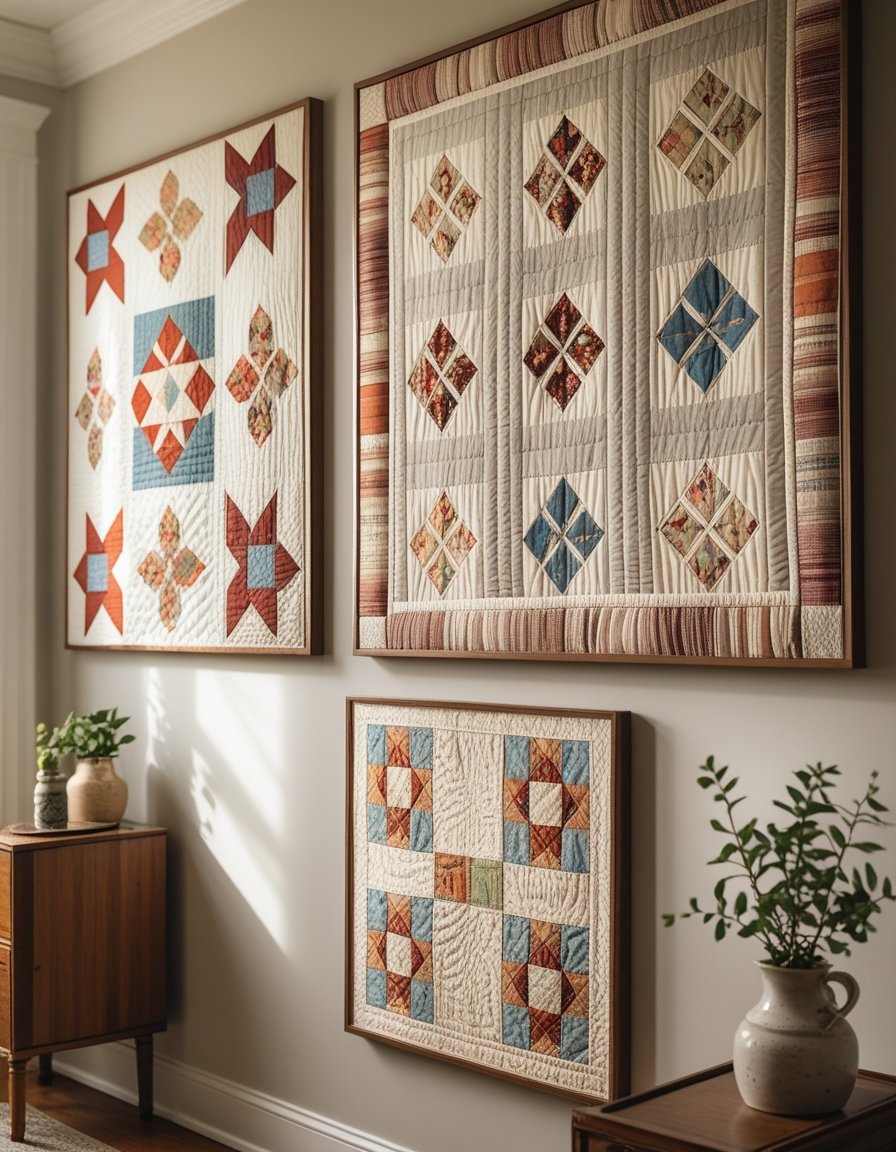 Three framed vintage quilts with colorful patchwork designs hanging on a neutral wall in a cozy room with soft natural light and decorative home accents.
