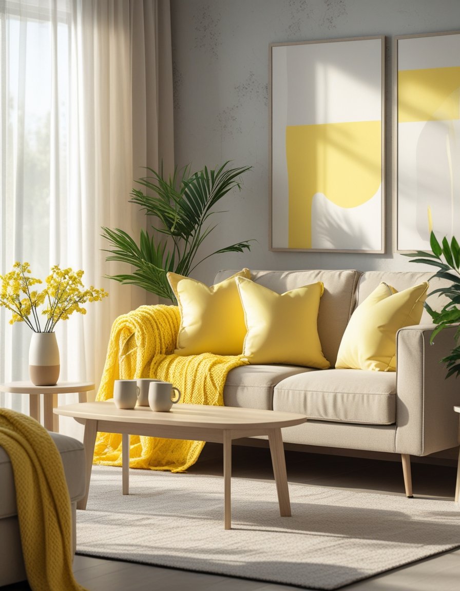 A cozy living room with beige sofa, butter yellow pillows and blanket, wooden coffee table with yellow flowers, and neutral decor.