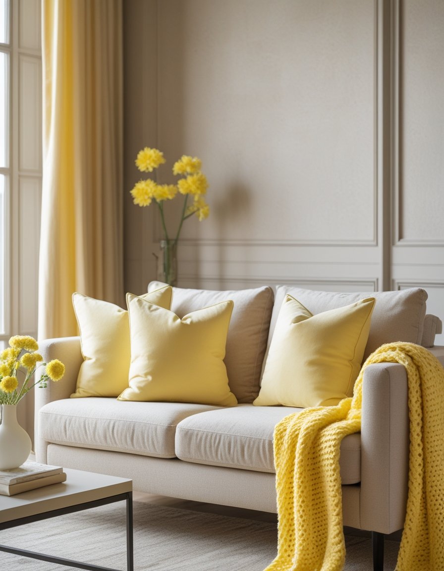 A cozy living room with beige sofa, butter yellow pillows and blanket, a coffee table with yellow flowers, and natural light coming through a window.