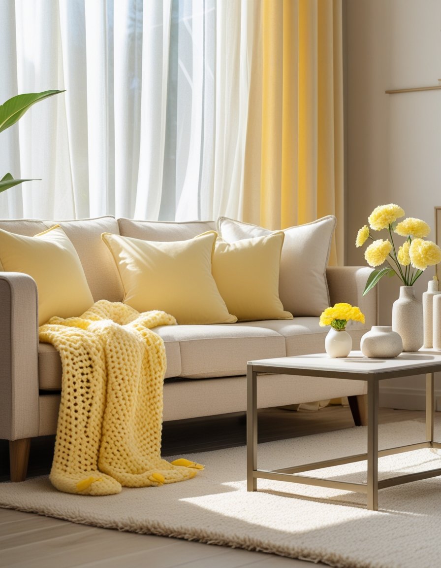 A living room with a beige sofa decorated with yellow pillows and a yellow blanket, a coffee table with a vase of yellow flowers, light wood flooring, and soft natural light coming through sheer curtains.