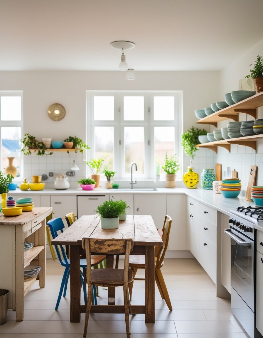 A bright kitchen with a wooden dining table, open shelves with dishes and plants, and natural light coming through large windows.