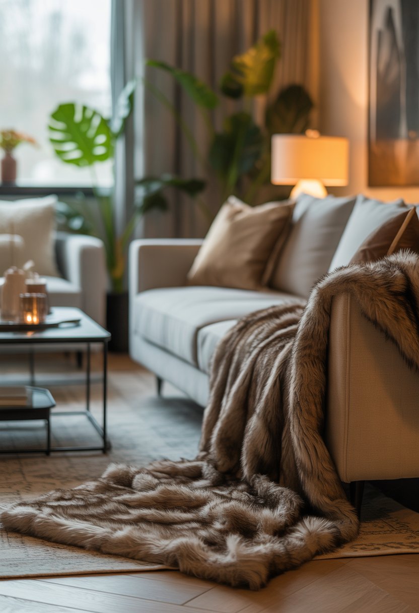 A living room with a sofa covered by a soft faux fur throw blanket, a coffee table, plants, and natural light coming through a window.