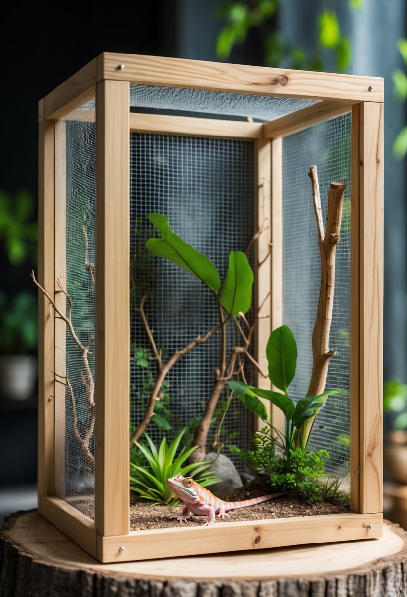 A wooden framed enclosure with aluminum mesh and natural plants inside, designed to house a pet chameleon.
