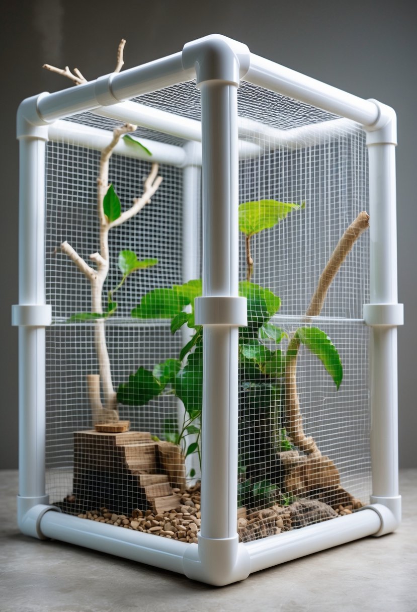 A DIY chameleon enclosure made from white PVC pipe frame with mesh sides, containing branches and plants inside.