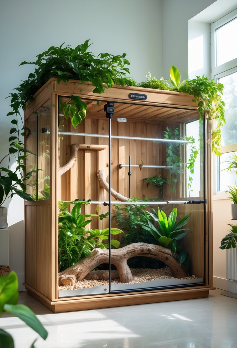 Large wooden vivarium with plants and branches, equipped with a built-in watering system for chameleons.