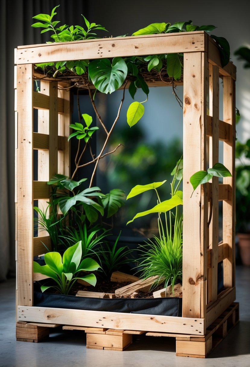 A chameleon enclosure made from wooden pallets with green plants and branches inside.
