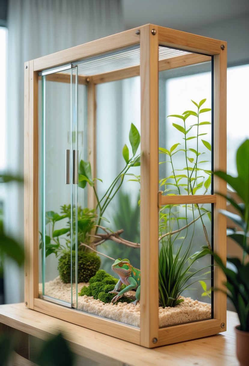 A glass and wood chameleon enclosure with sliding doors containing plants and branches for the reptile's habitat.