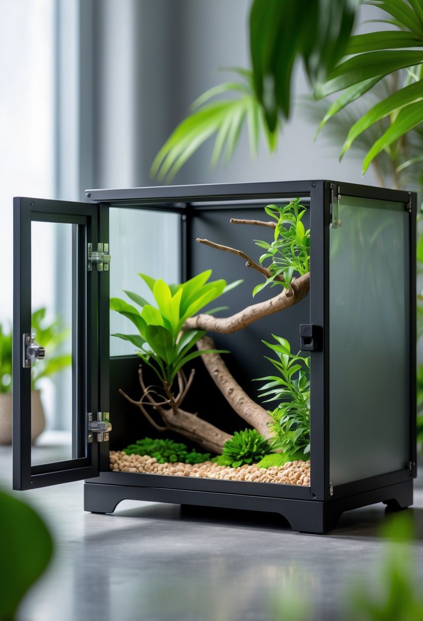 A compact chameleon enclosure with a hinged access door open, showing green plants and branches inside.