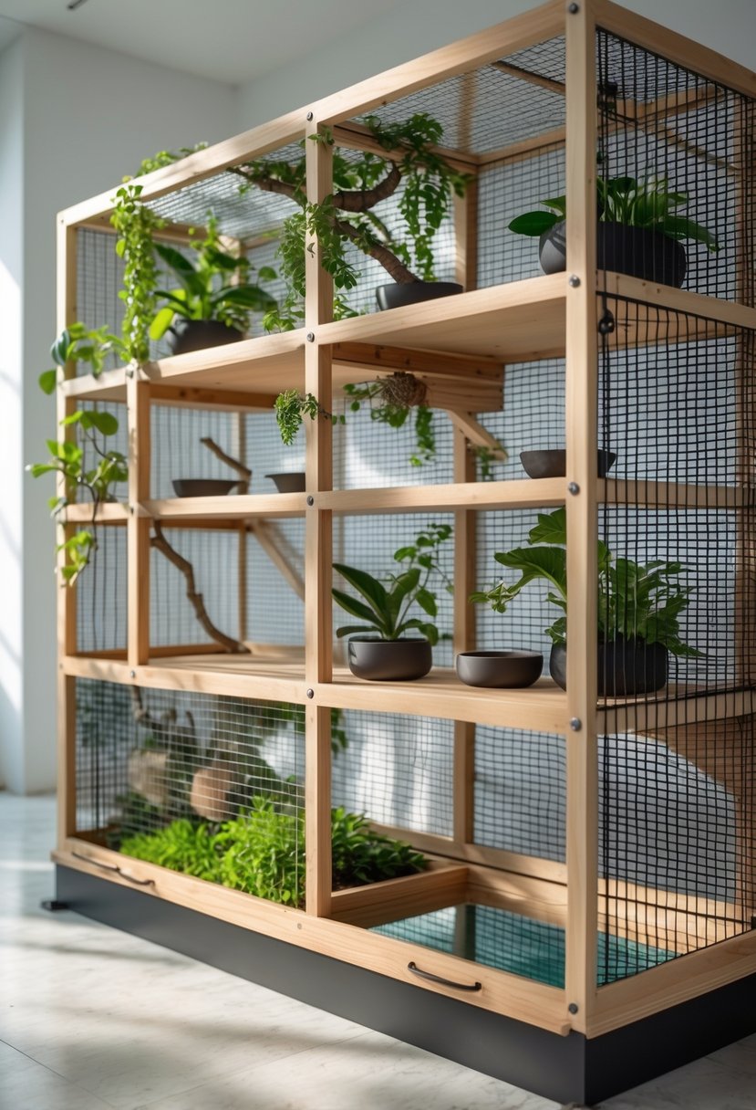 Multi-level cage with adjustable shelves containing plants and branches for a chameleon pet enclosure.
