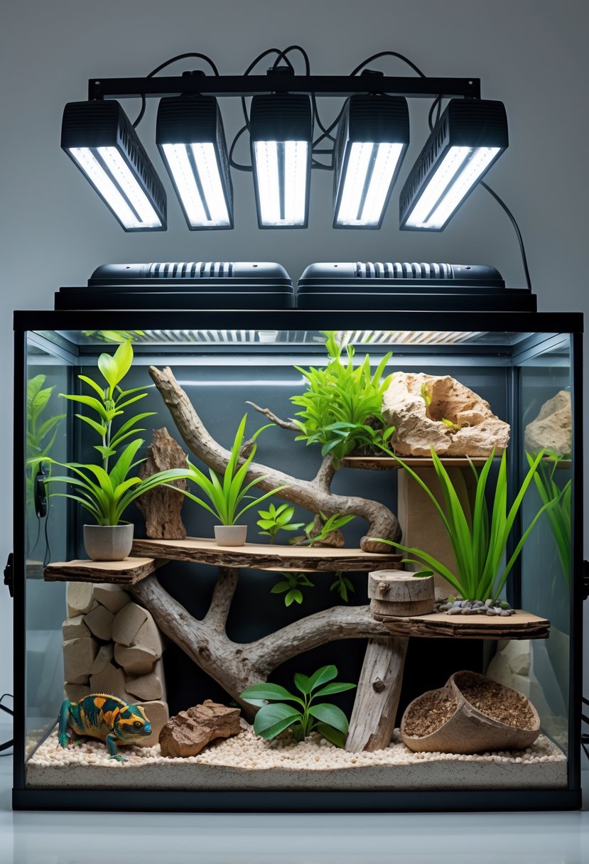 A custom chameleon enclosure with natural branches and plants, illuminated by multiple UVB lamps.