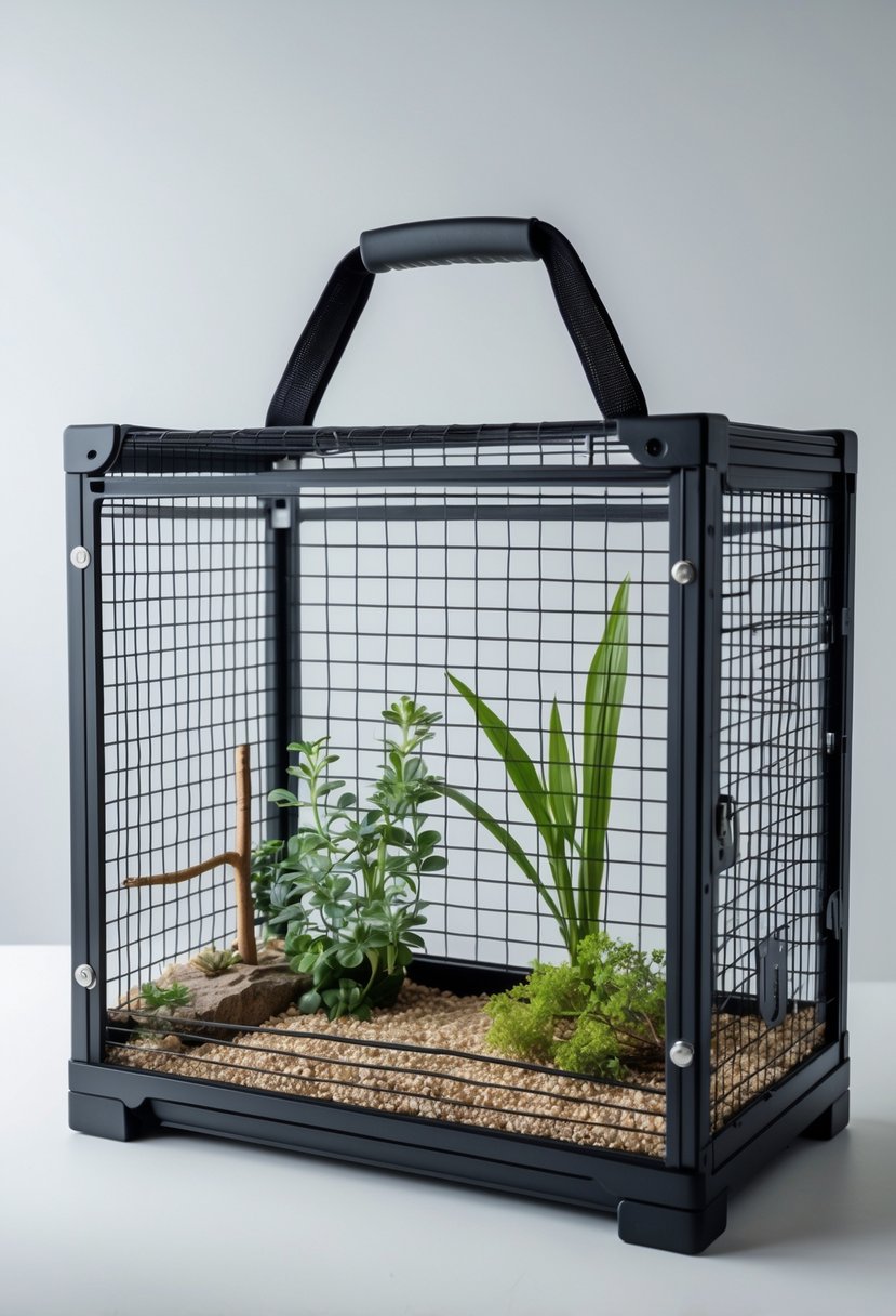 Portable chameleon cage with mesh sides and a handle, containing branches and plants inside.
