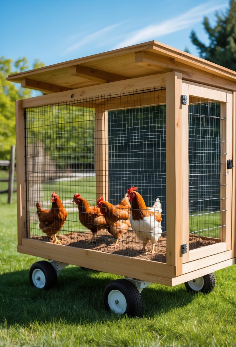 A mobile chicken breeding pen on wheels outdoors with chickens inside on grass.