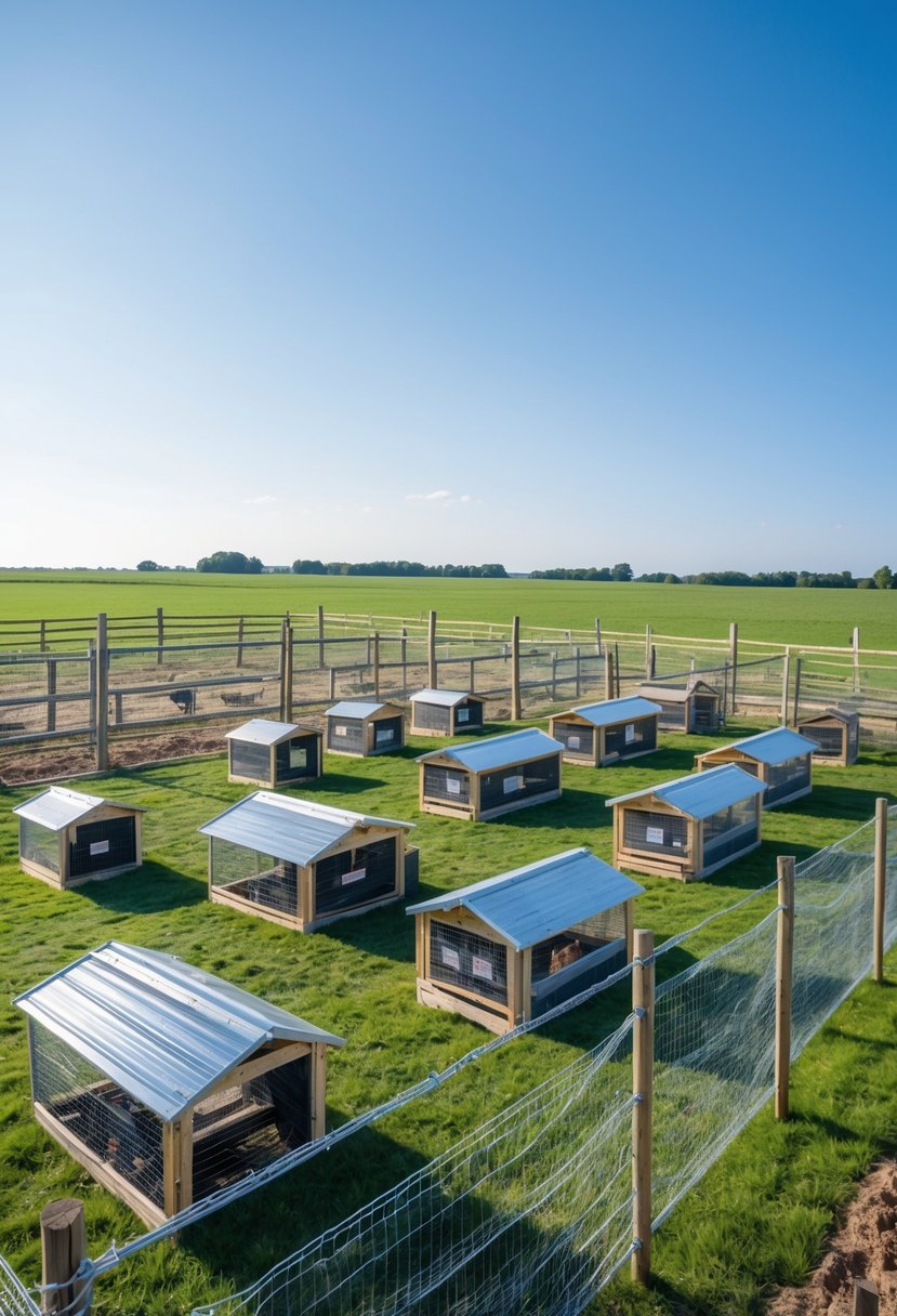 A large outdoor fenced area with multiple small chicken breeding pens inside, surrounded by cattle fencing on a sunny day.