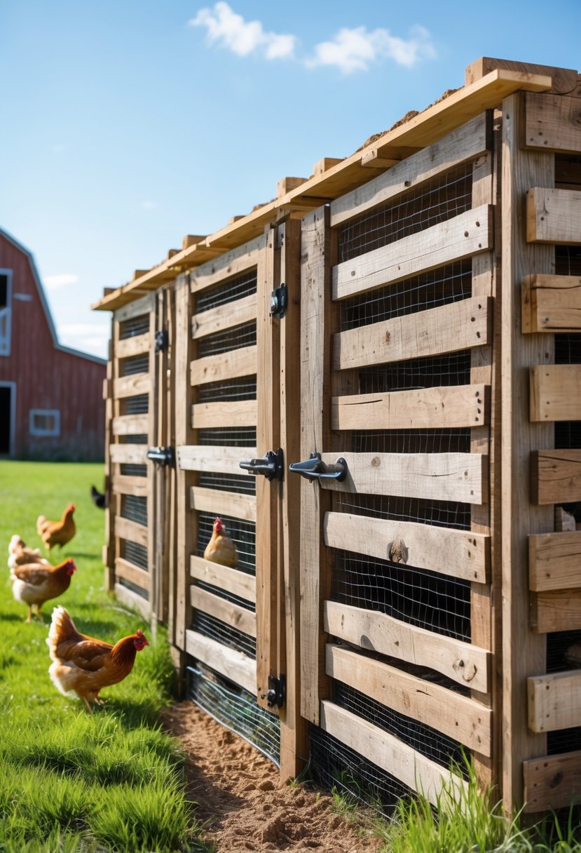 Chicken breeding pen made of pallet wood with handmade wooden doors, outdoors on a farm with chickens inside.