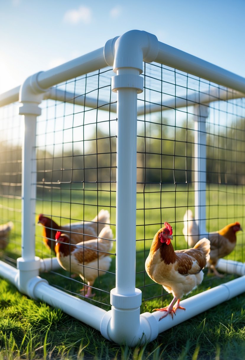 A lightweight chicken breeding pen made from white PVC pipes with wire mesh, containing several chickens outdoors on grass.