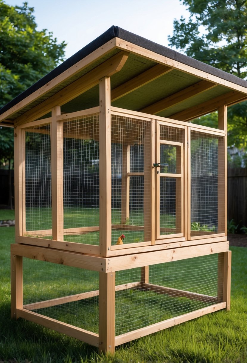 Elevated wooden chicken breeding pen with wire mesh sides raised off the ground in a green outdoor setting.