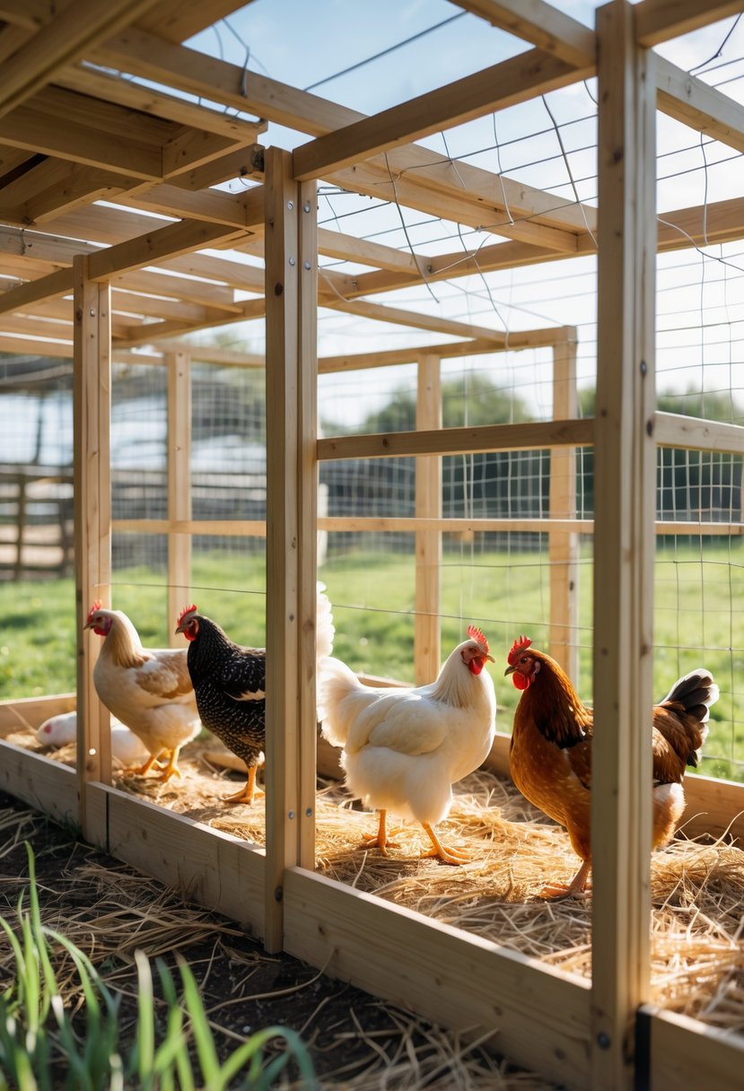 A partitioned chicken breeding pen with removable dividers separating different groups of chickens outdoors.