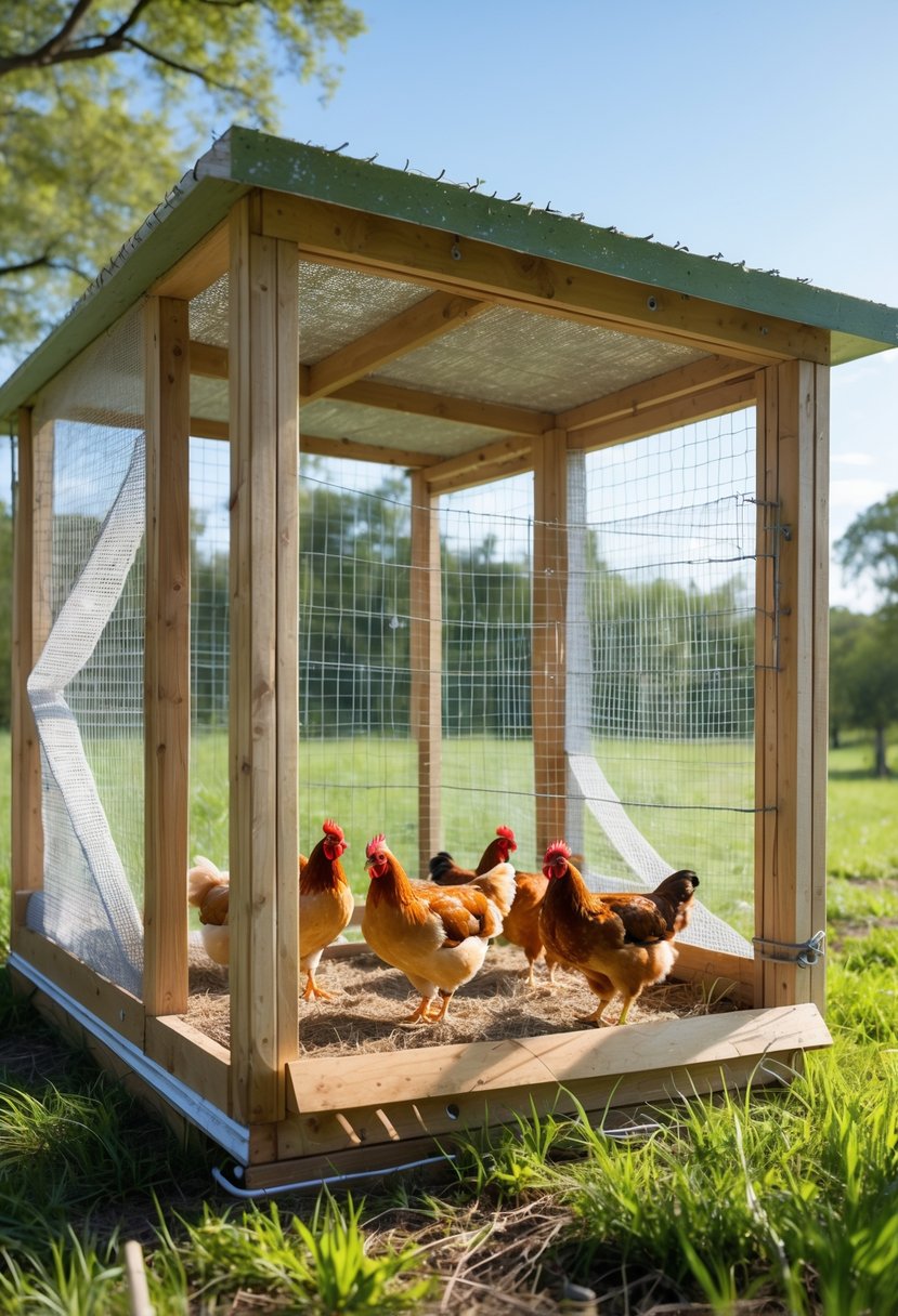 Outdoor chicken breeding pen made from recycled materials with chickens inside and green grass around.