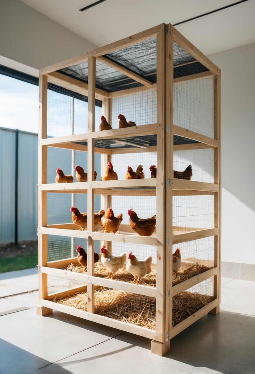 A vertical stack of multiple compact chicken breeding pens with chickens inside, arranged neatly in a small indoor or outdoor space.
