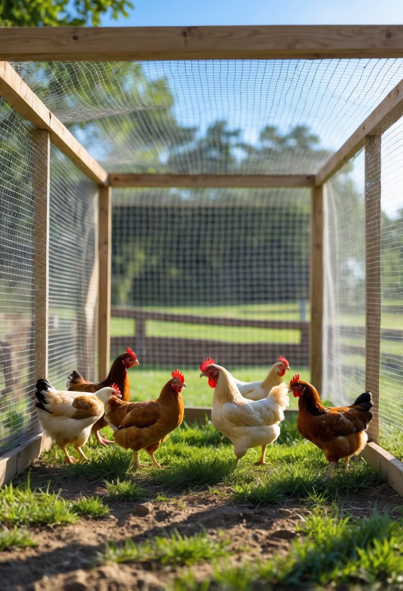 A secure outdoor chicken breeding pen with hardware cloth mesh and several chickens inside on green grass.