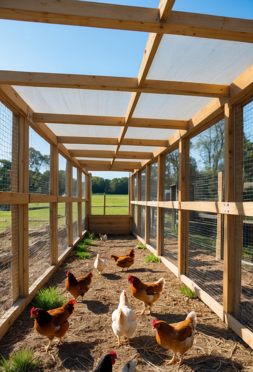 An open-air chicken breeding pen with adjustable shade covers and multiple sections, showing chickens inside a spacious outdoor enclosure.