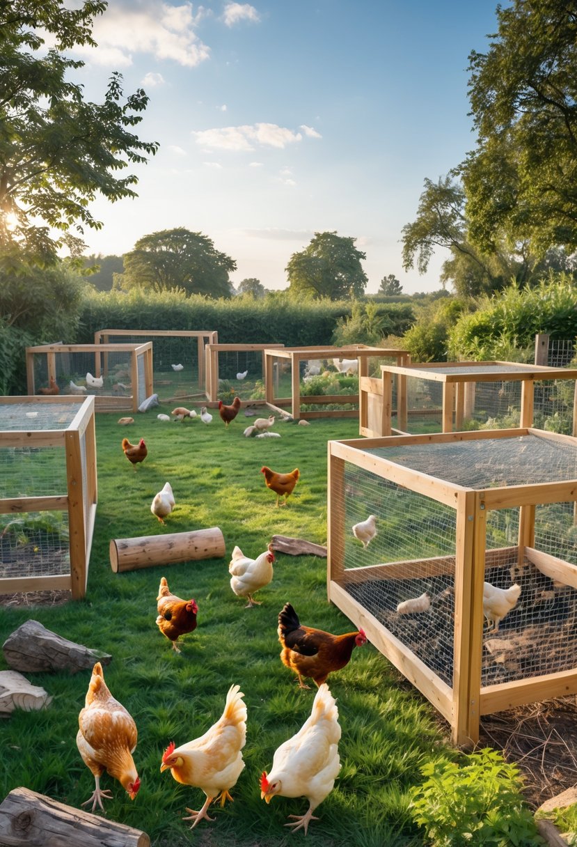 Chickens roaming freely in wooden pens surrounded by grass, bushes, and natural foraging areas in an outdoor rural setting.