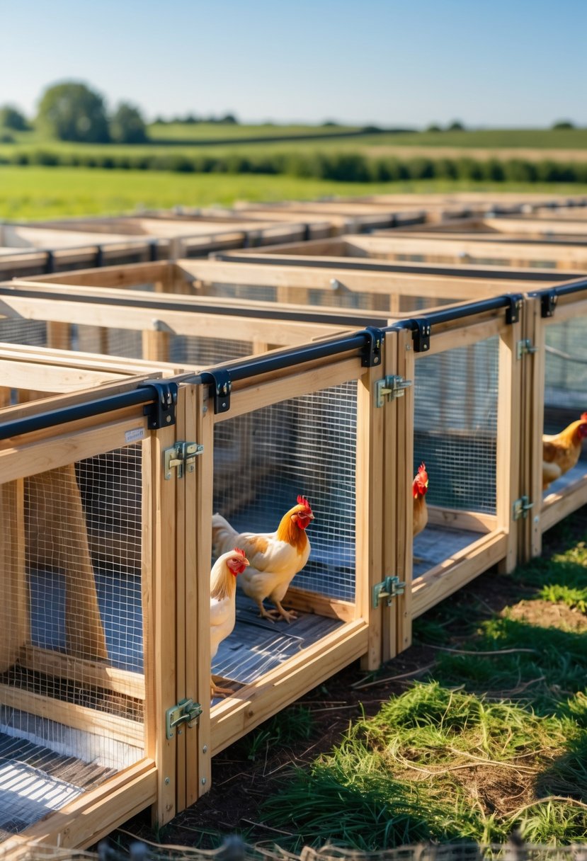 Several modular chicken breeding pens arranged outdoors with chickens inside on a grassy farm under a clear sky.