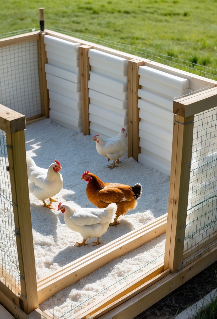 An insulated chicken breeding pen with foam panels and wooden framing, containing chickens inside in an outdoor setting.