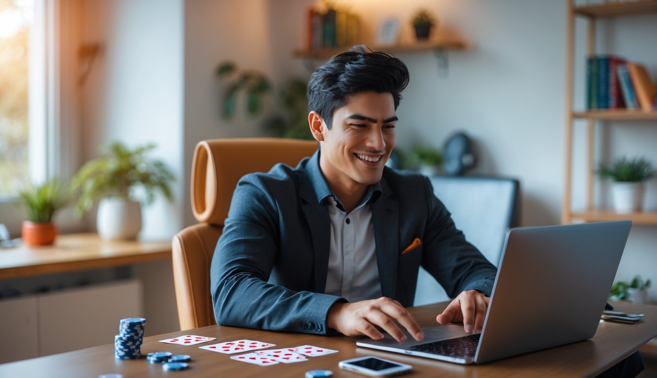 Seorang pria muda duduk di meja dengan laptop, bermain poker online dengan fokus dan senyum percaya diri di ruang kerja rumah yang nyaman.