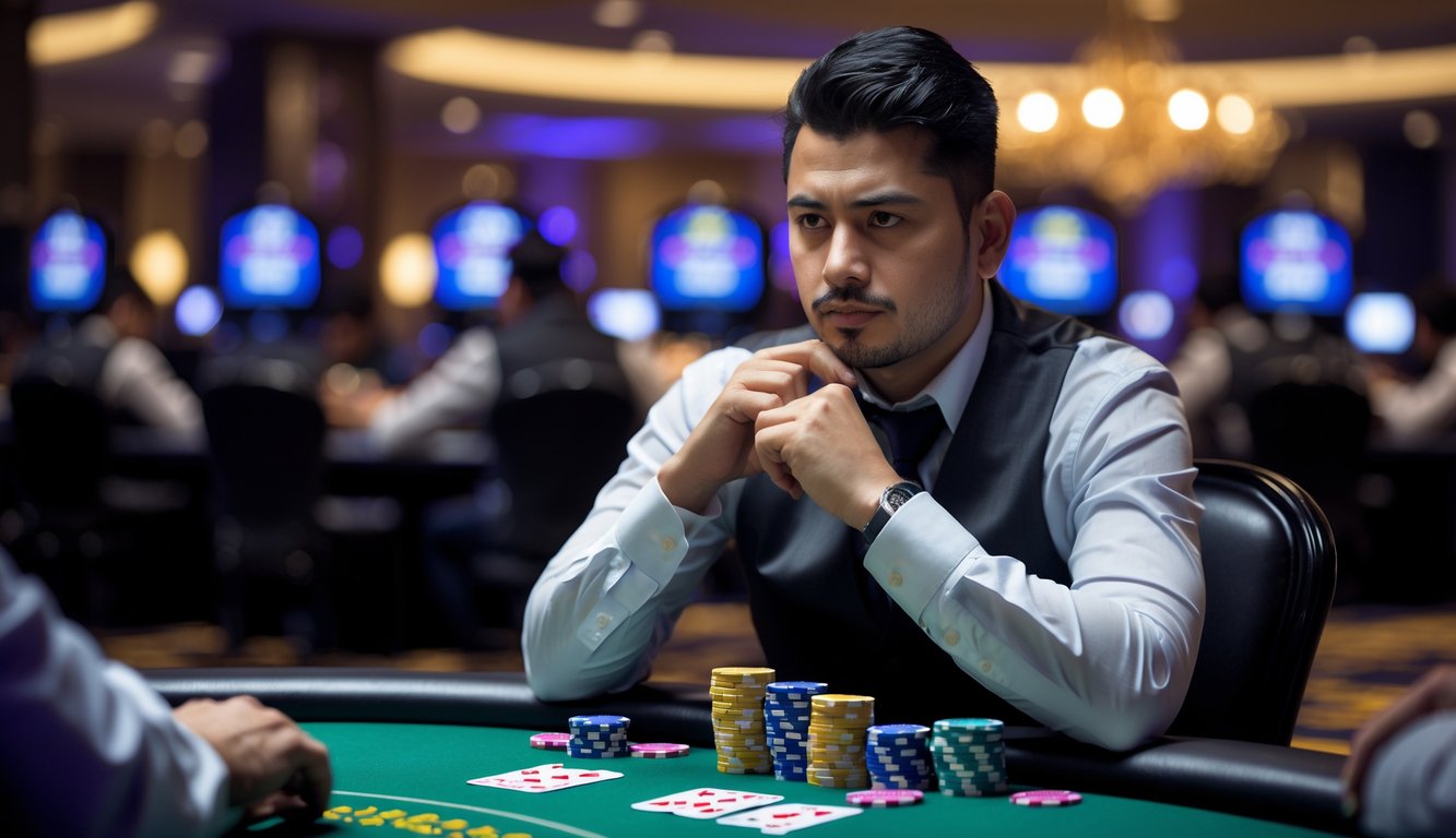 Seorang pemain poker fokus duduk di meja poker dengan kartu dan chip di depan, di dalam suasana kasino yang elegan.