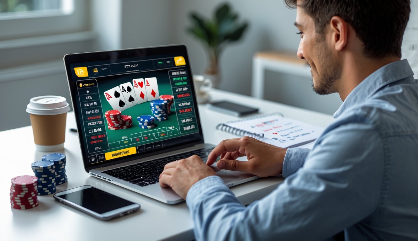 Seorang dewasa muda duduk di depan laptop bermain poker online dengan tumpukan chip poker kecil di meja, terlihat fokus dan optimis.
