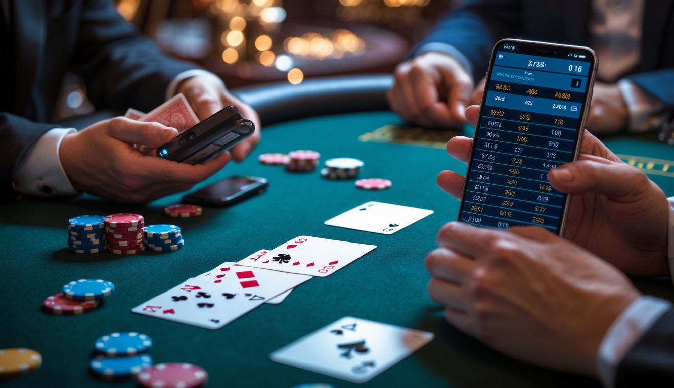 Meja poker dengan kartu dan chip, tangan seseorang sedang memegang kartu dan menggunakan kalkulator.