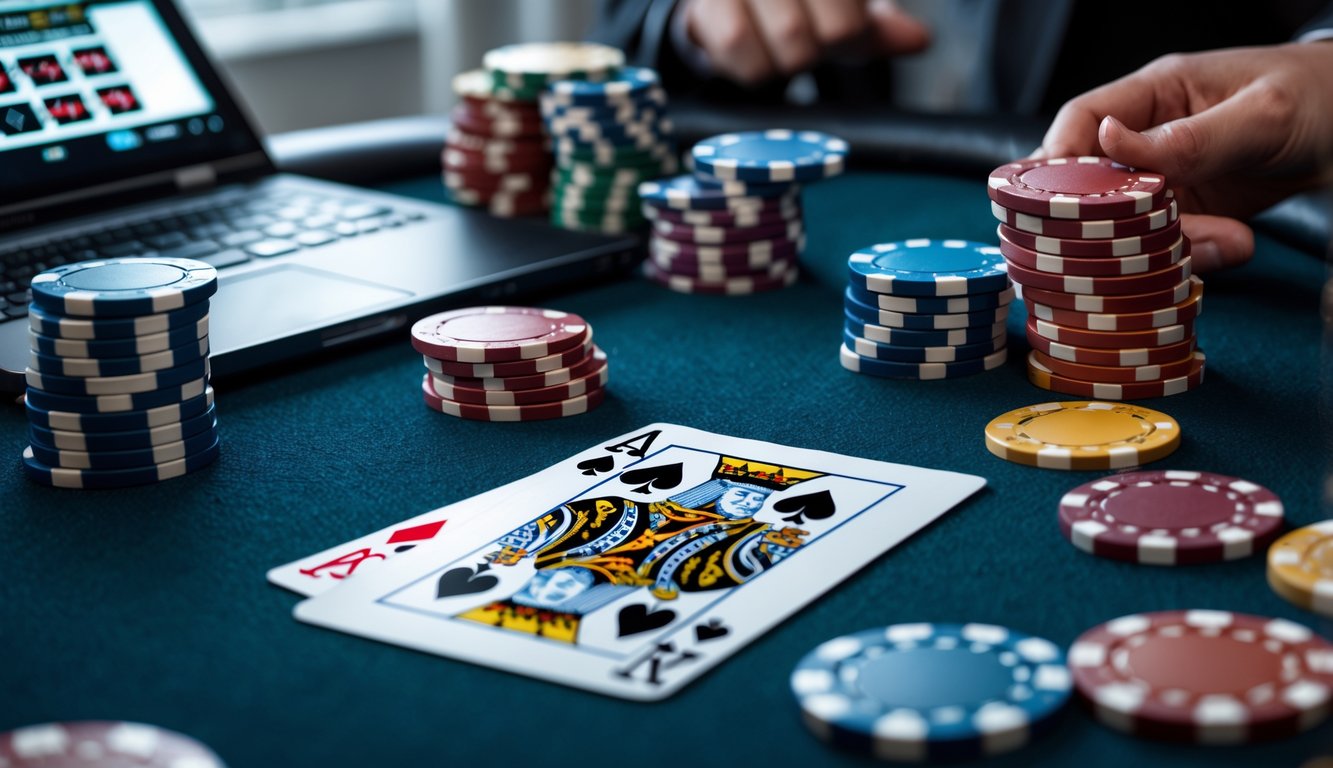 Tangan yang memegang kombinasi kartu poker terbaik di atas meja poker dengan tumpukan chip dan layar perangkat digital di latar belakang.