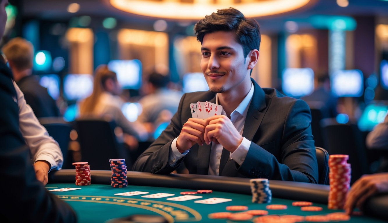 Seorang pria muda duduk di meja poker dengan ekspresi percaya diri sambil memegang kartu dekat dada, dikelilingi chip poker dan pemain lain di latar belakang.