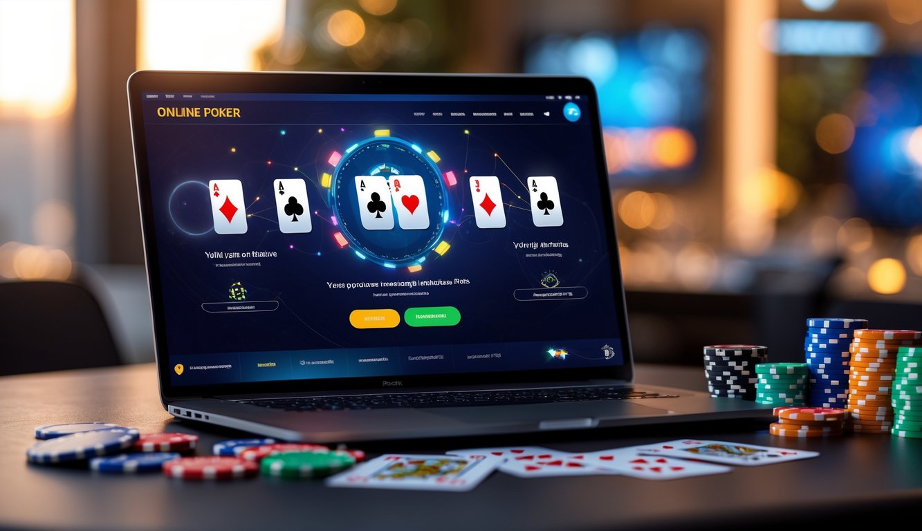 Sebuah laptop dengan permainan poker online, dikelilingi oleh chip poker dan kartu bermain di atas meja.