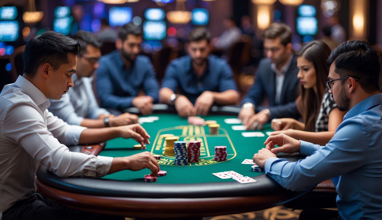 Beberapa pemain poker sedang duduk di meja taruhan dengan chip dan kartu, fokus bermain dalam suasana kasino.
